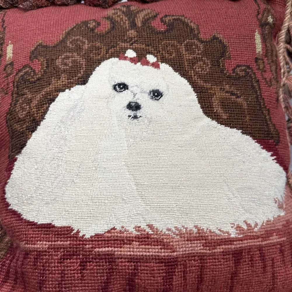 Vintage Handmade Needlepoint White Dog Maltese 15